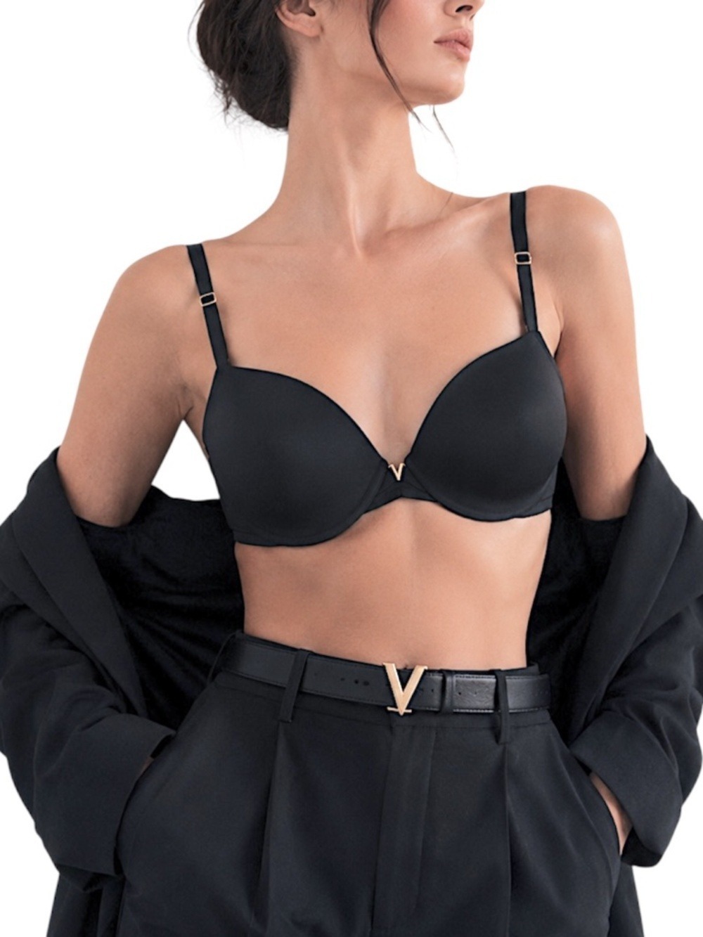 Victorias Secret black gold tone metal v smooth padded underwire push up bra 36B